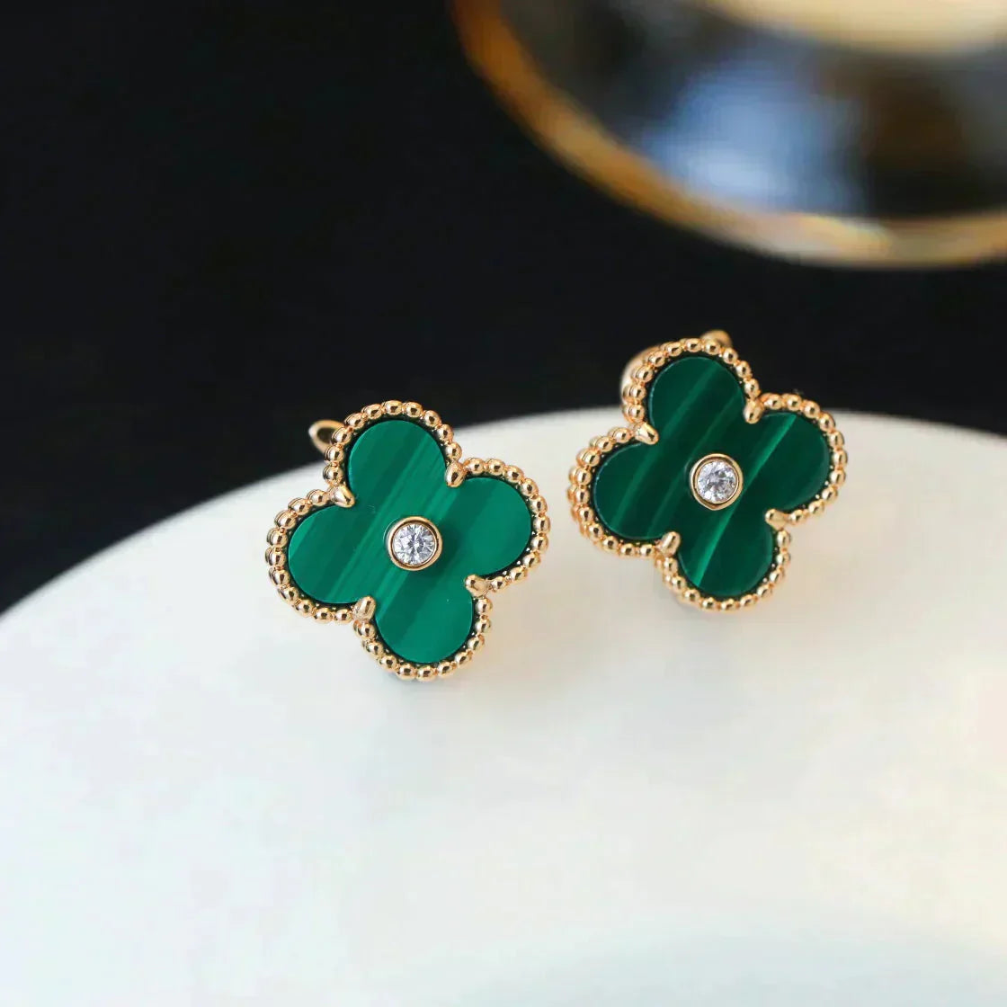 [Eterna Jewels]CLOVER MEDIUM 1 MOTIFS MALACHITE DIAMOND EARRINGS