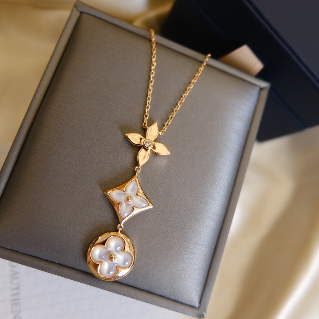 [Eterna Jewels]COLOR BLOSSOM LARIAT NECKLACE PINK GOLD WHITE MOTHER PEARL AND DIAMOND